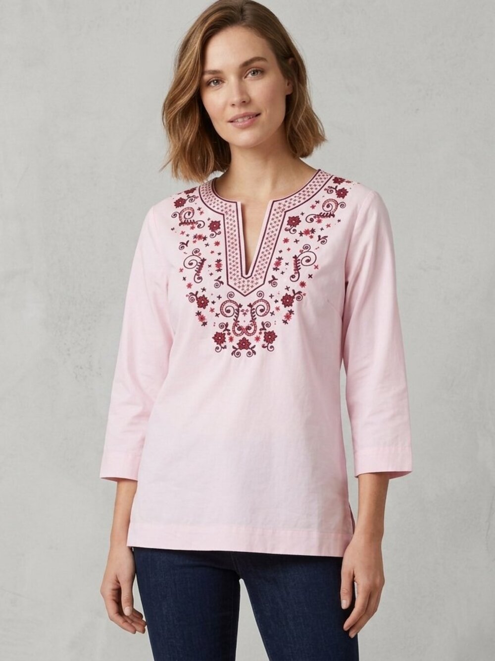 Brooks Brothers Womens Embroidered Tunic Top Small Pink Split V Neck 3/4 Sleeve